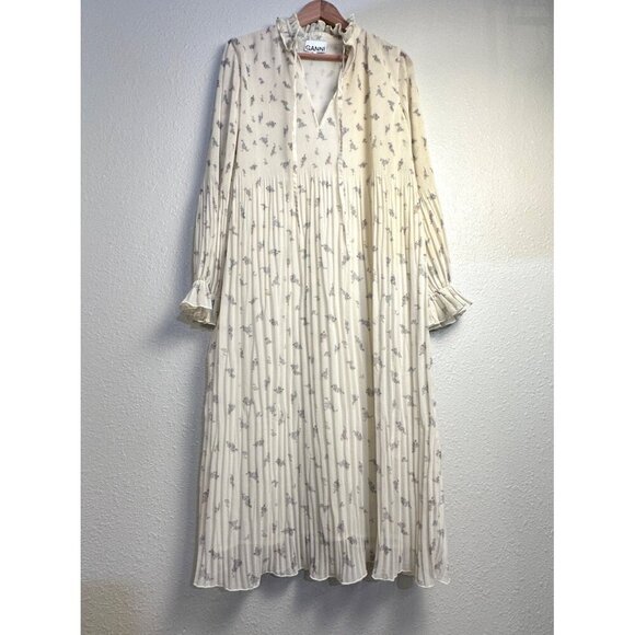 GANNI Pleated Georgette Midi Dress Sz 36/M Feminine Whimsical Cottagecore - Picture 5 of 16